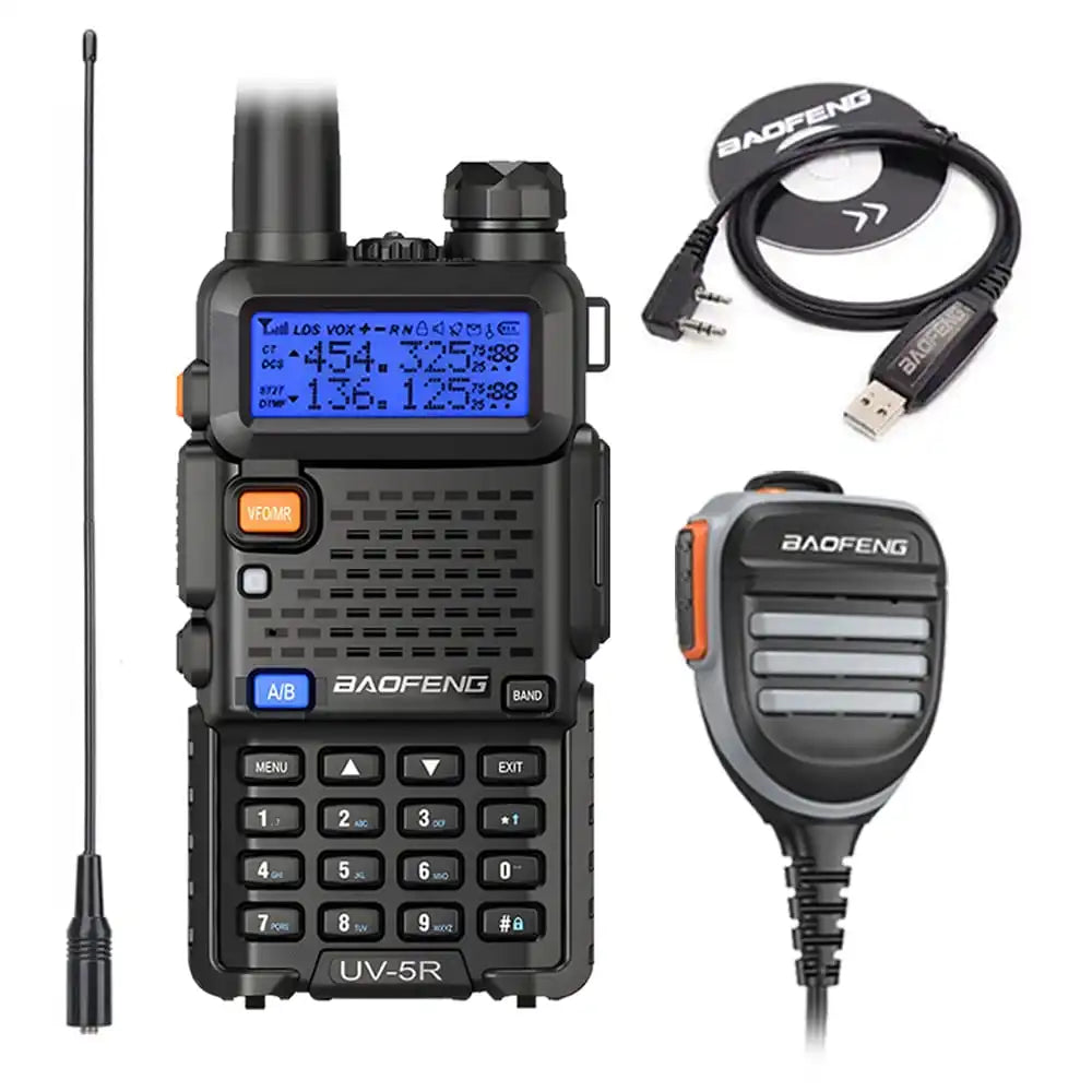 Umfassendes Baofeng UV-5R Set: Schwarz-Funkgerät mit wasserdichtem Lautsprechermikrofon, Programmierkabel und NA-771 Antenne