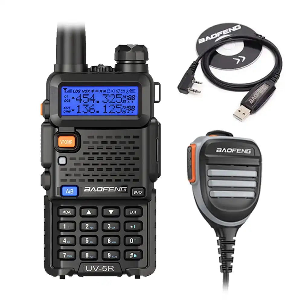 Baofeng UV-5R Dualband-Funkgerät (Schwarz) mit wasserdichtem Lautsprechermikrofon und Programmierkabel