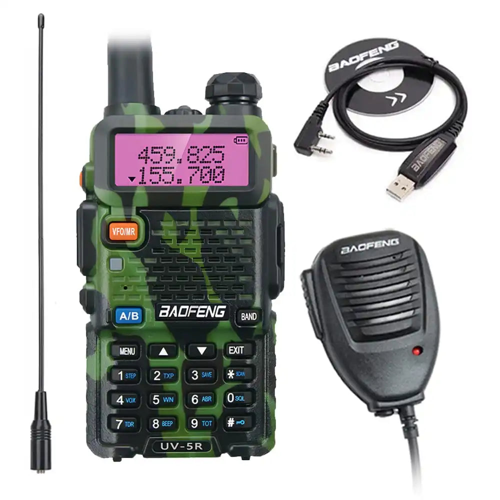 Professionelles Baofeng UV-5R Set: Camouflage-Funkgerät, Lautsprechermikrofon, Programmierkabel und NA-771 Antenne