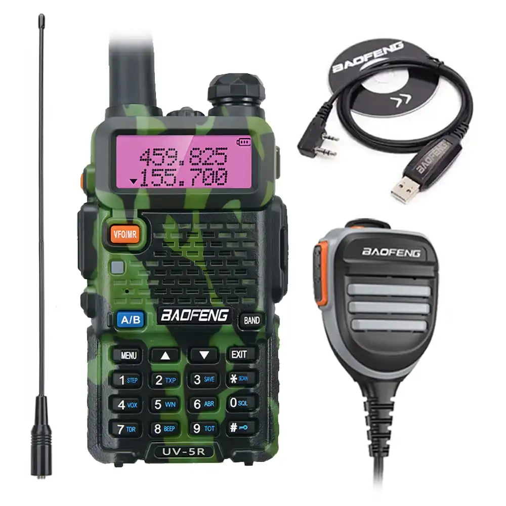 Umfassendes Baofeng UV-5R Set: Camouflage-Funkgerät mit wasserdichtem Lautsprechermikrofon, Programmierkabel und NA-771 Antenne