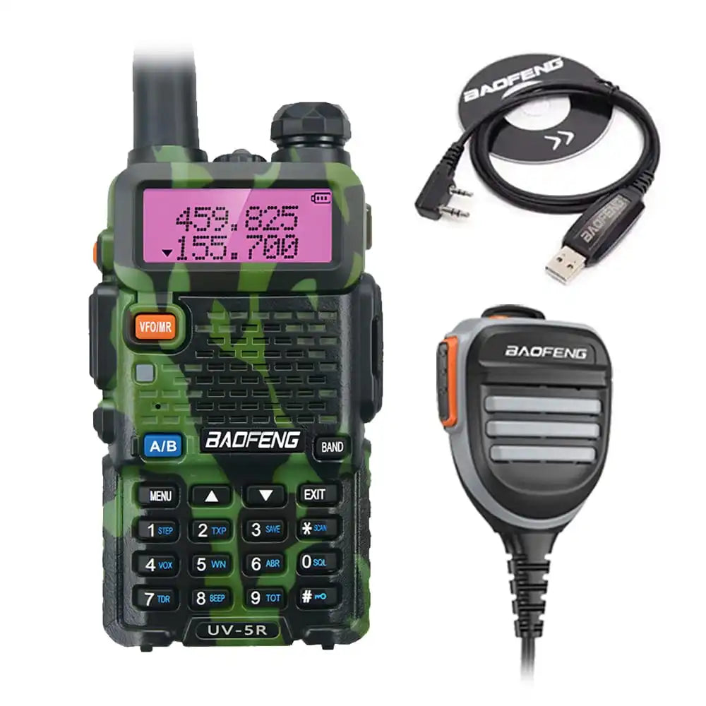 Baofeng UV-5R Dualband-Funkgerät (Camouflage-Grün) mit wasserdichtem Lautsprechermikrofon und Programmierkabel