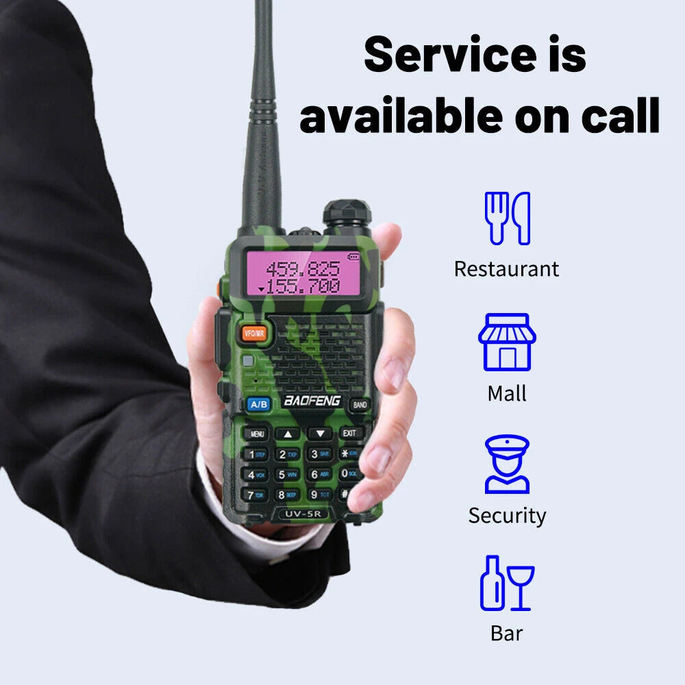 Baofeng UV-5R Dualband-Funkgerät in Camouflage-Grün, von Hand gehalten, mit Anzeige der Anwendbarkeit für Restaurant, Einkaufszentrum, Sicherheit und Bar