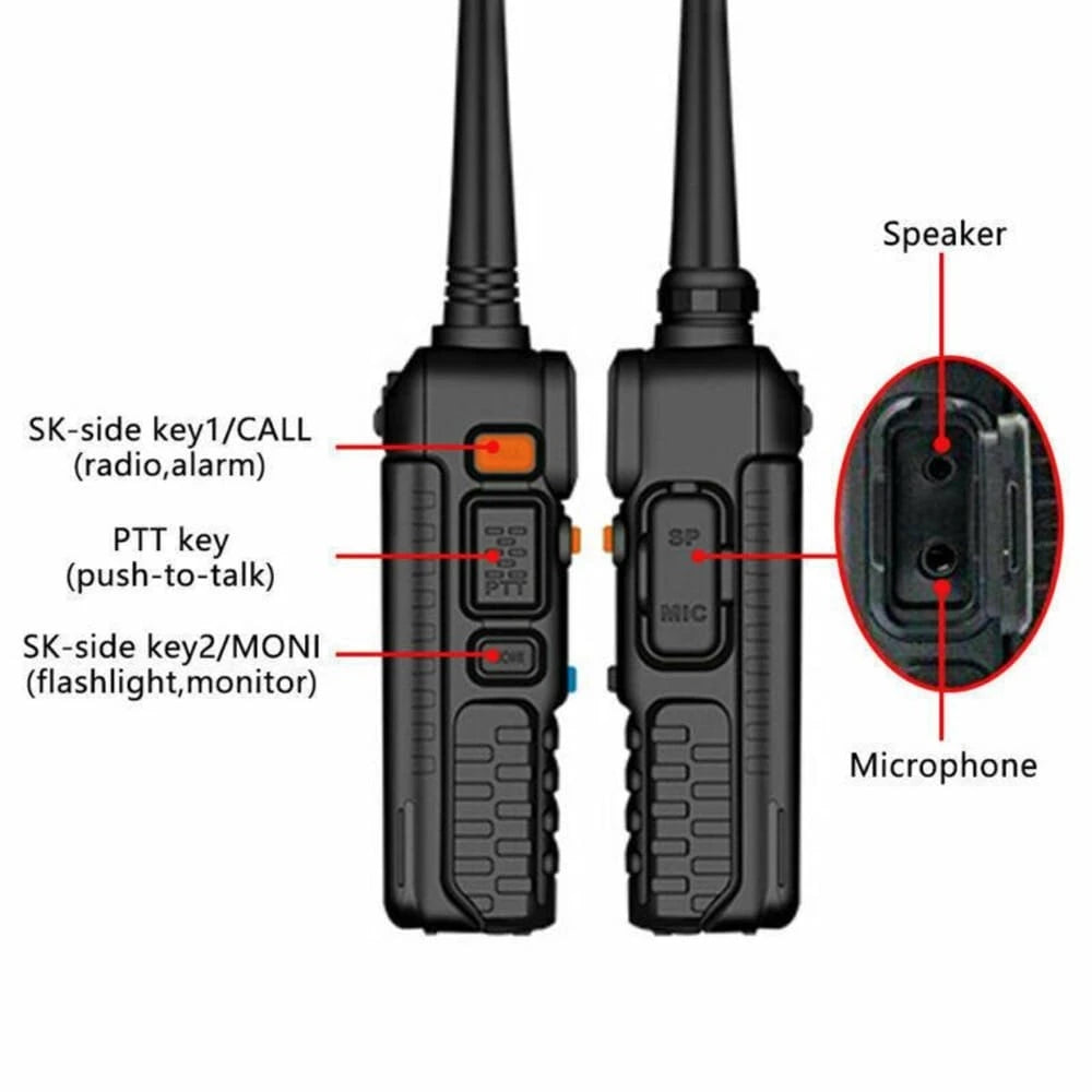 Seitenansicht des Baofeng UV-5R Dual-Band Funkgeräts, hervorhebend die PTT-Taste, seitliche Tasten und Anschlussdetails für Lautsprecher/Mikrofon.