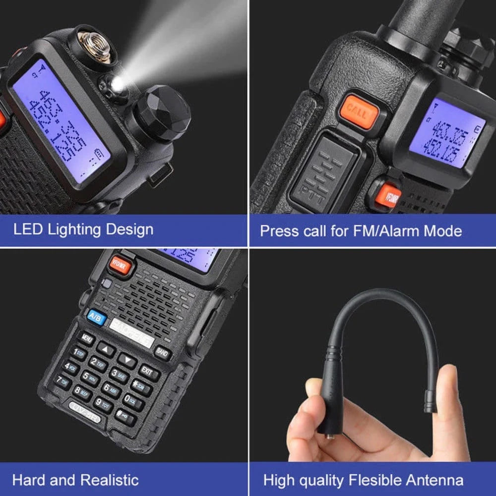 Detailansichten des Baofeng UV-5R: LED-Beleuchtung, Anruf-/Alarmfunktion, robustes Gehäuse und flexible Antenne