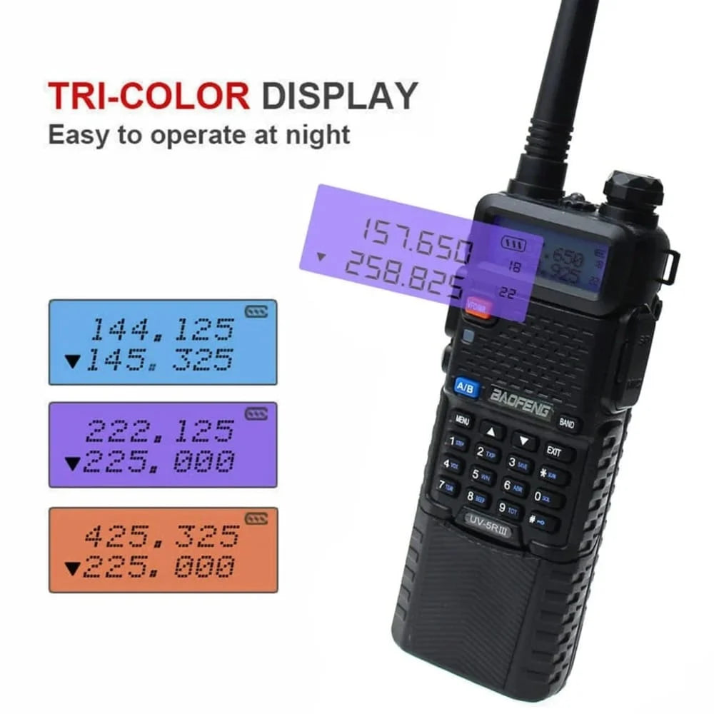 Baofeng UV-5R III Tri-Band Walkie-Talkie mit dreifarbigem Display, das eine einfache Bedienung bei Nacht und gute Lesbarkeit der Frequenzen (z.B. 144.125, 222.125, 425.325 MHz) ermöglicht.