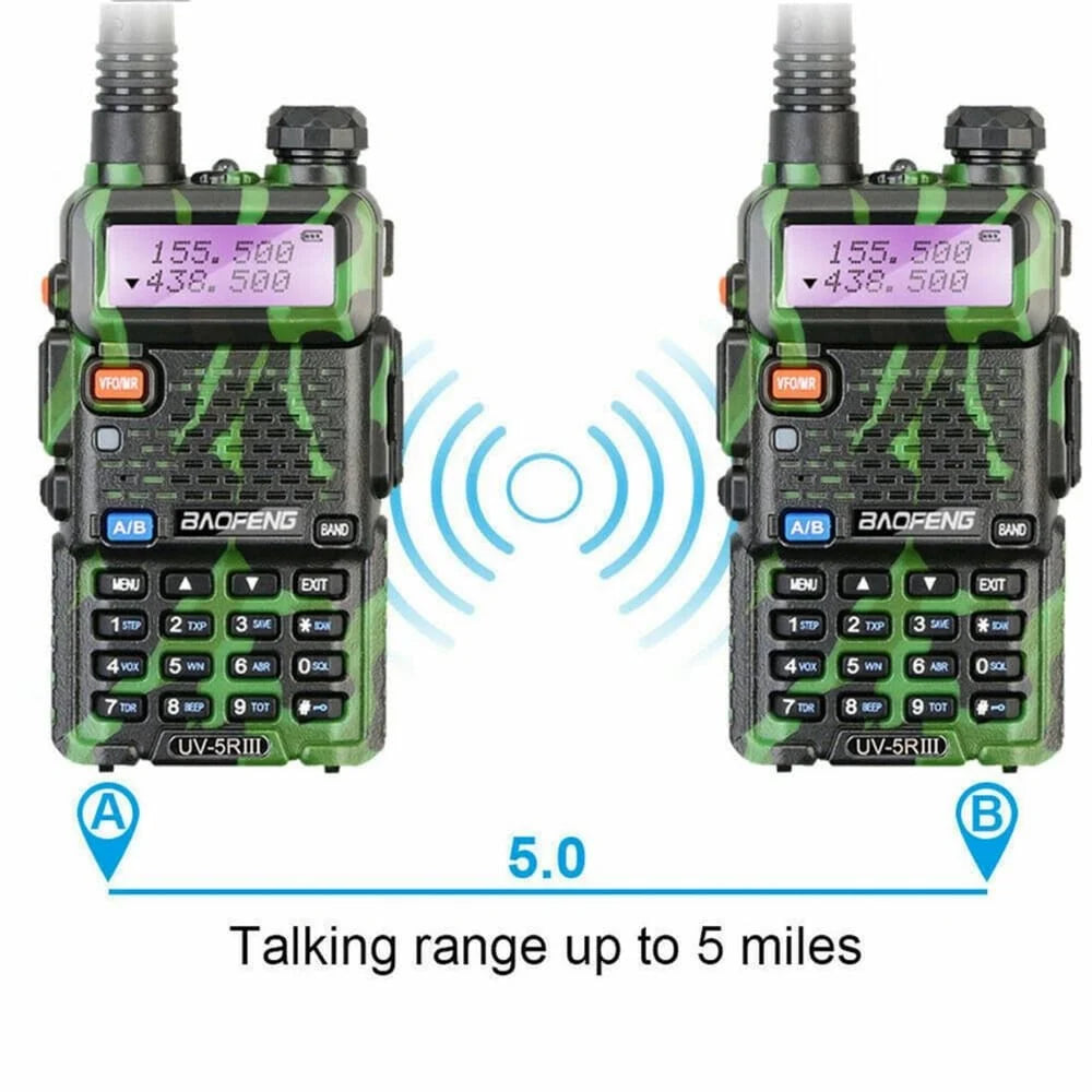 Zwei Baofeng UV-5R III Funkgeräte, die eine Sprechreichweite von bis zu 5 Meilen (ca. 8 Kilometer) durch Funksignale zwischen ihnen demonstrieren.