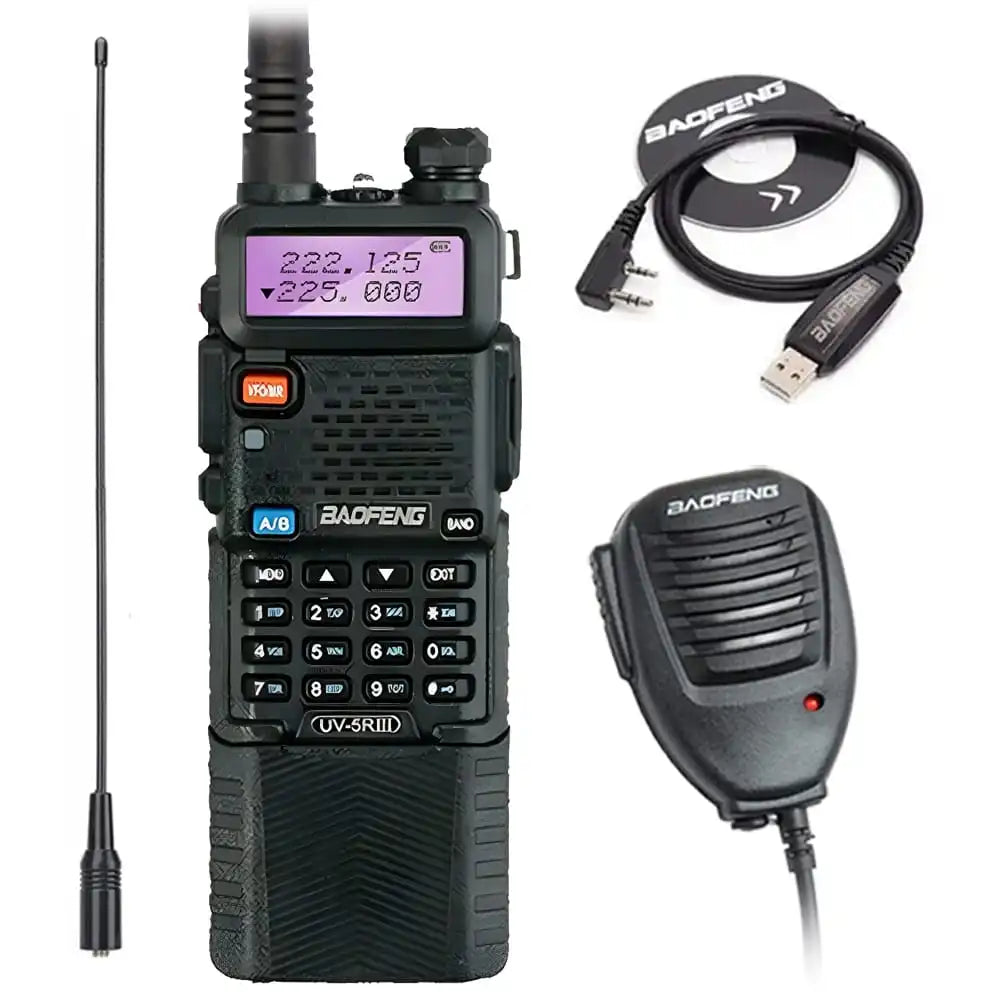 Baofeng UV-5R III Tri-Band Walkie-Talkie mit 3800mAh Akku, Programmierkabel, externem Lautsprechermikrofon und NA-771 Antenne für umfassende Kommunikationslösungen.