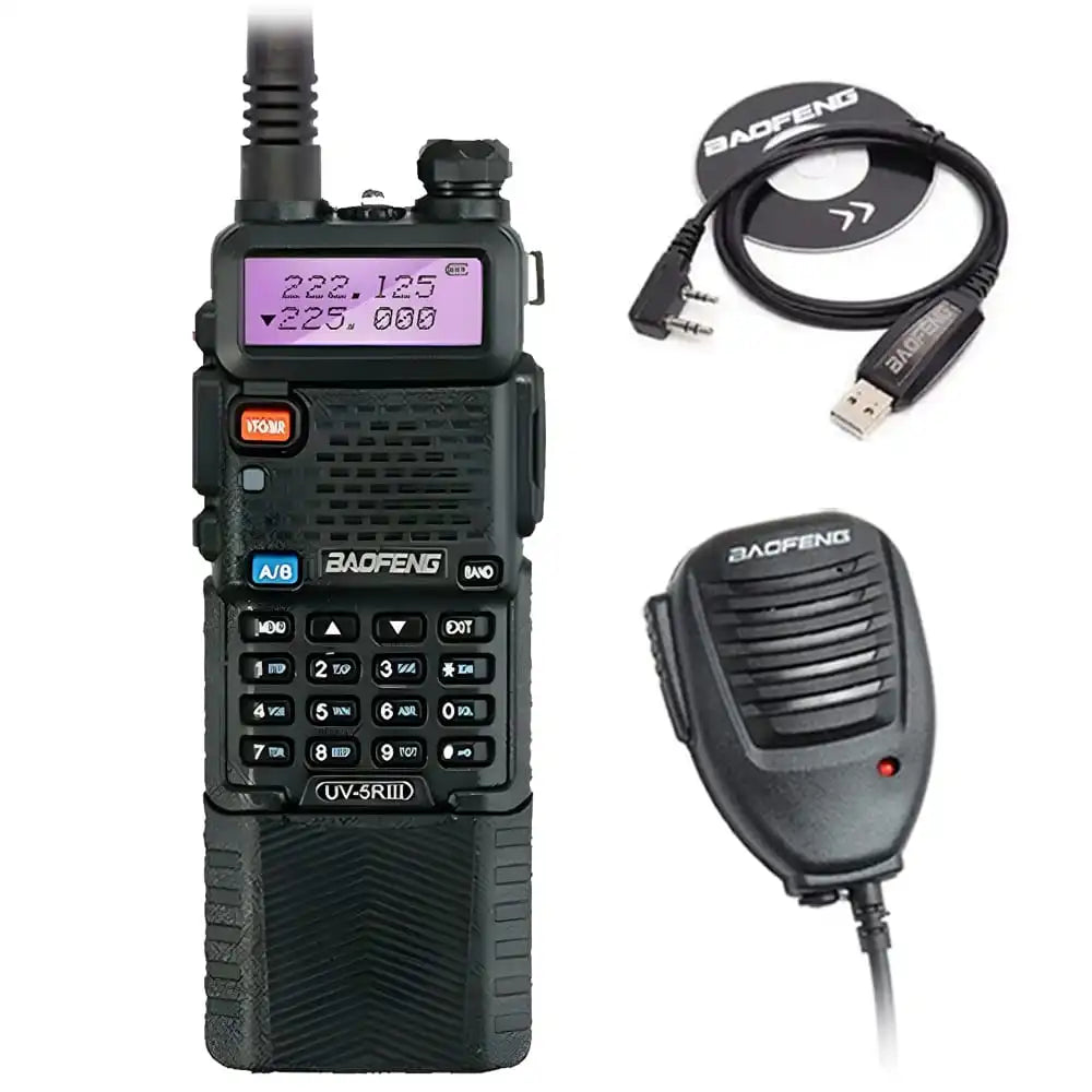 Baofeng UV-5R III Tri-Band Walkie-Talkie mit 3800mAh Akku, Programmierkabel und Lautsprechermikrofon für einfache Bedienung und erweiterte Funktionalität