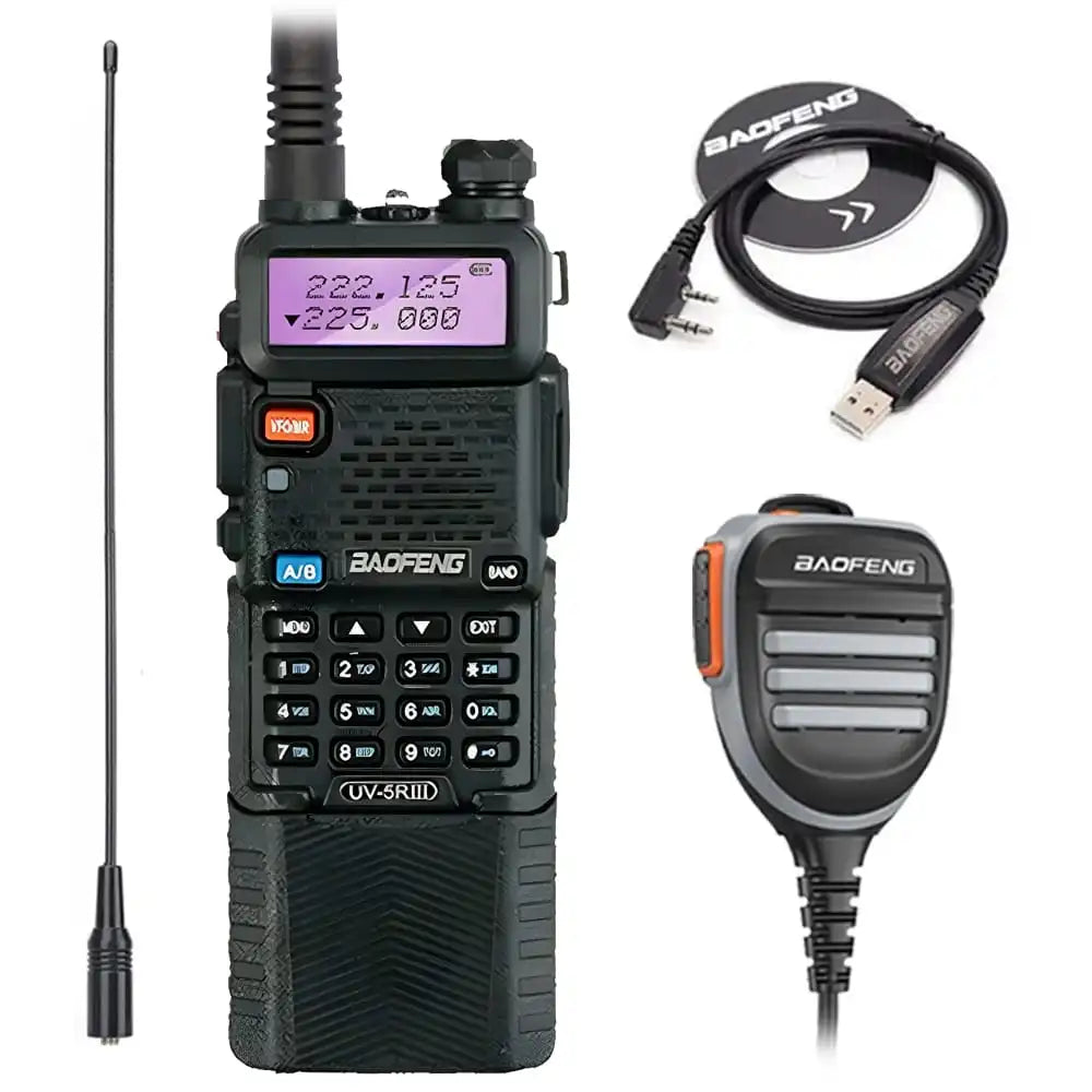 Baofeng UV-5R III Tri-Band Walkie-Talkie mit 3800mAh Akku, Programmierkabel, wasserdichtem Lautsprechermikrofon und NA-771 Antenne, ideal für robuste Kommunikation unter allen Bedingungen.