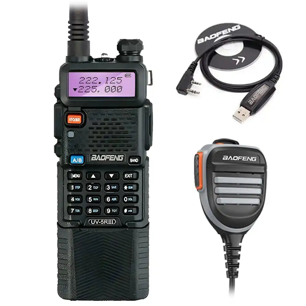 Baofeng UV-5R III Tri-Band Walkie-Talkie mit 3800mAh Akku, Programmierkabel und wasserdichtem Lautsprechermikrofon, perfekt für den Einsatz in anspruchsvollen Umgebungen.