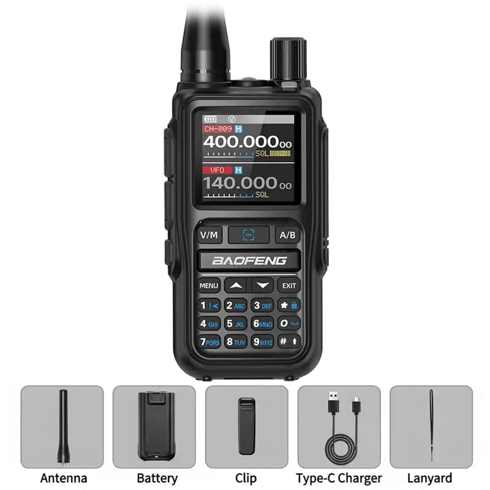 Lieferumfang des Baofeng-Funkgeräts UV-5R Mini Schwarz im Basispaket. Gezeigt wird das Funkgerät zusammen mit dem Standardzubehör: Antenne, Akku, Gürtelclip, USB-C-Ladekabel und Trageschlaufe.