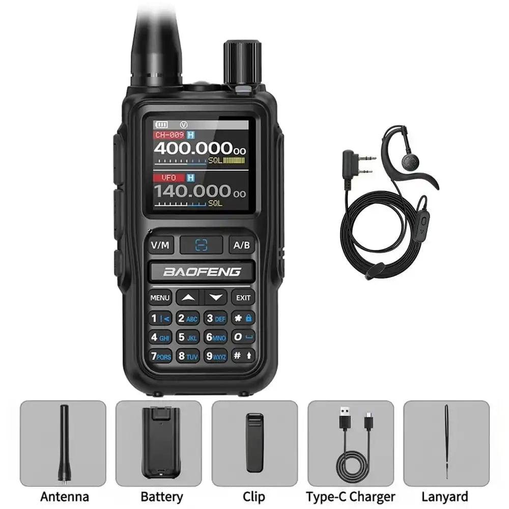 Produktpaket des gelb-schwarzen Baofeng-Funkgeräts  UV-5R Mini Schwarz. Enthalten sind das Standardzubehör (Antenne, Akku, Clip, Ladekabel, Trageschlaufe) und zusätzlich ein Ohrhörer-Headset.