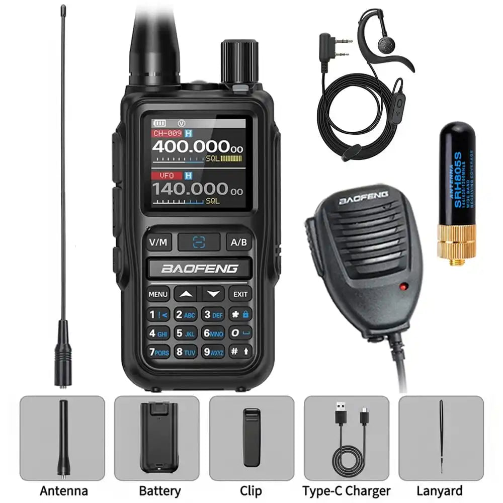 Vollständiges Premium-Paket des Baofeng-Funkgeräts UV-5R Mini Schwarz. Es enthält das Standardzubehör, eine lange Antenne, eine kurze SRH805S-Antenne, ein Ohrhörer-Headset und ein Lautsprechermikrofon.