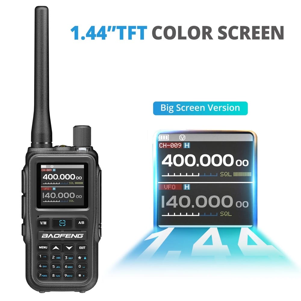Ein Baofeng-Funkgerät UV-5R Mini neben einer vergrößerten Ansicht seines Displays. Der Text lautet "1.44" TFT COLOR SCREEN" (1,44-Zoll-TFT-Farbbildschirm) und hebt die "Big Screen Version" hervor.