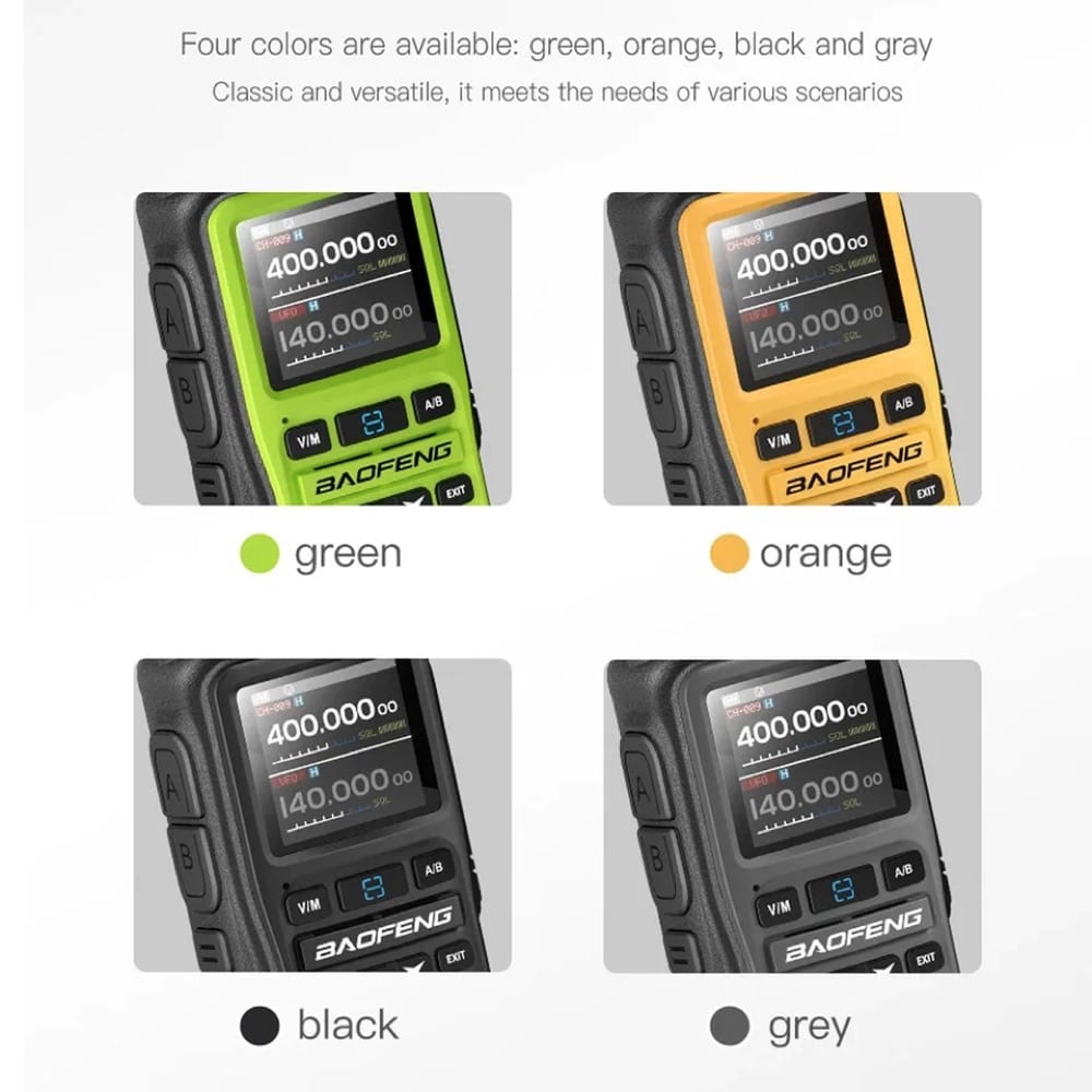Eine Collage, die das Baofeng-Funkgerät UV-5R Mini in vier verschiedenen Farbvarianten zeigt: Grün, Orange, Schwarz und Grau. Jede Farbe wird einzeln mit einer entsprechenden Beschriftung präsentiert.