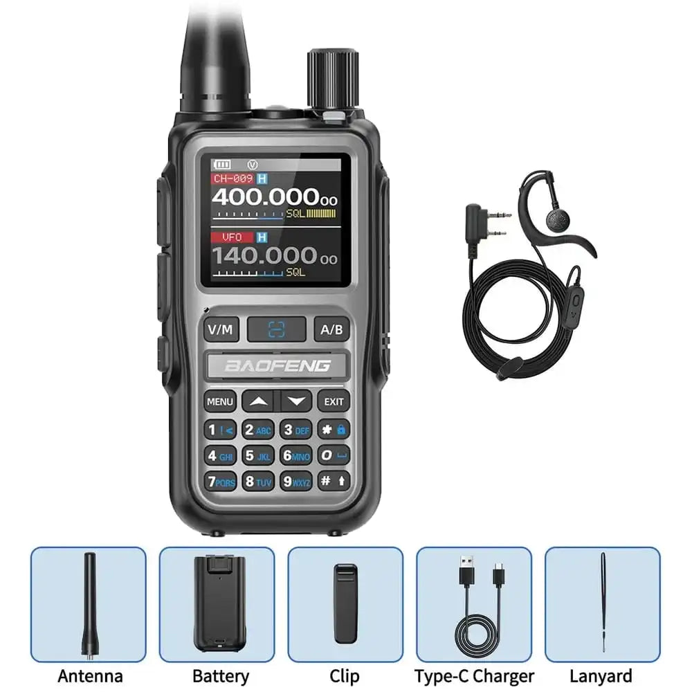 Produktpaket des gelb-schwarzen Baofeng-Funkgeräts  UV-5R Mini Grau. Enthalten sind das Standardzubehör (Antenne, Akku, Clip, Ladekabel, Trageschlaufe) und zusätzlich ein Ohrhörer-Headset.