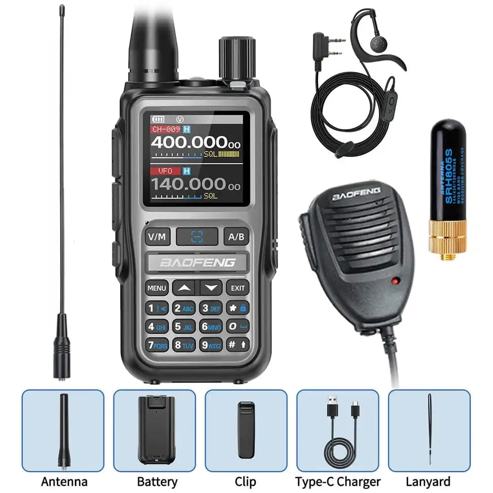 Vollständiges Premium-Paket des Baofeng-Funkgeräts UV-5R Mini Grau. Es enthält das Standardzubehör, eine lange Antenne, eine kurze SRH805S-Antenne, ein Ohrhörer-Headset und ein Lautsprechermikrofon.