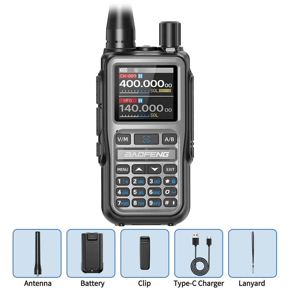 Lieferumfang des Baofeng-Funkgeräts UV-5R Mini Grau im Basispaket. Gezeigt wird das Funkgerät zusammen mit dem Standardzubehör: Antenne, Akku, Gürtelclip, USB-C-Ladekabel und Trageschlaufe.