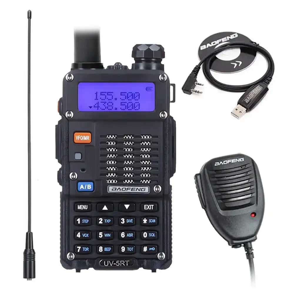 Baofeng UV-5RT-8W Komplettset mit Walkie-Talkie, NA-771 Antenne, Programmierkabel und Lautsprechermikrofon.