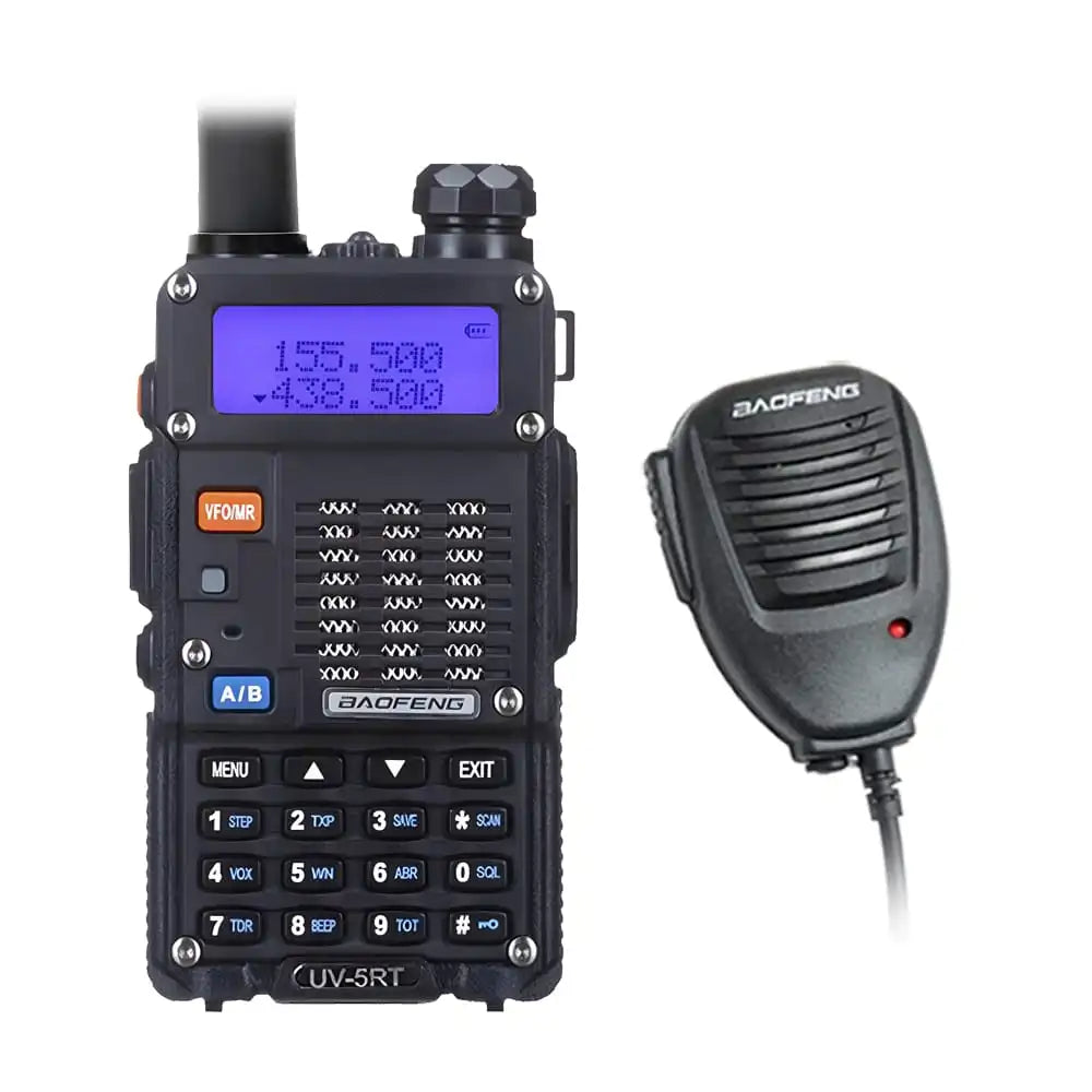Baofeng UV-5RT-8W Amateurfunkgerät mit Lautsprechermikrofon für freihändige Kommunikation.