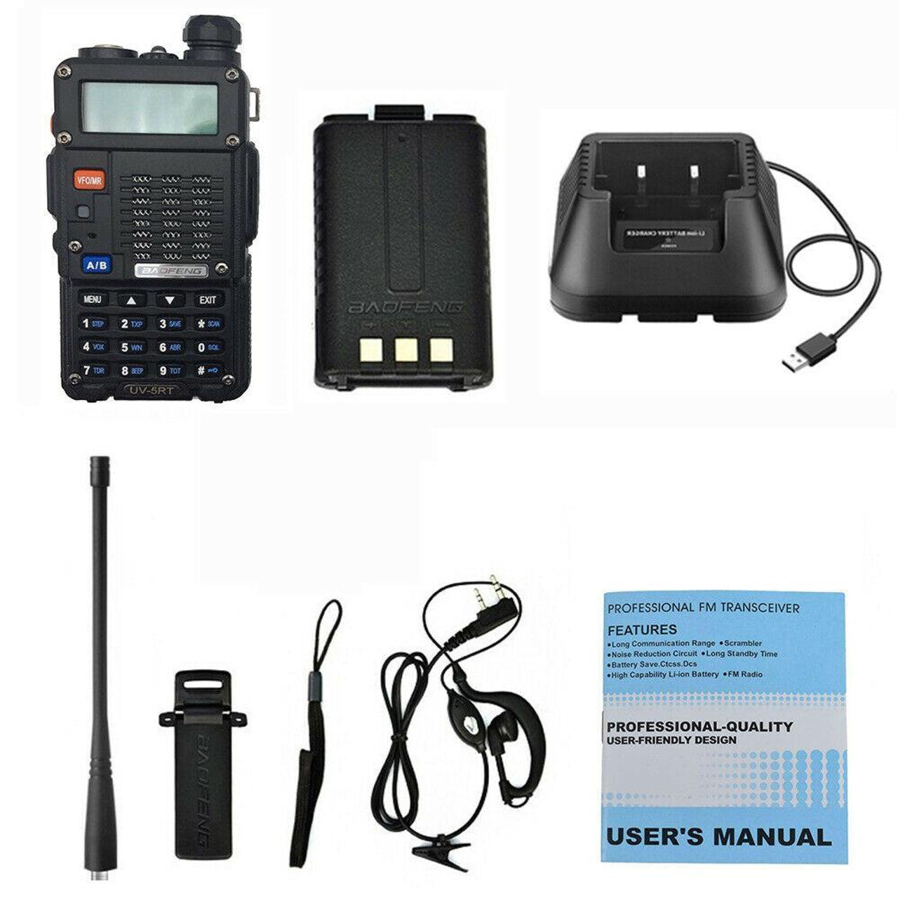Baofeng UV-5RT 8W Funkgerät in Vorderansicht mit digitalem Display und Tastenfeld für Dualband VHF UHF.