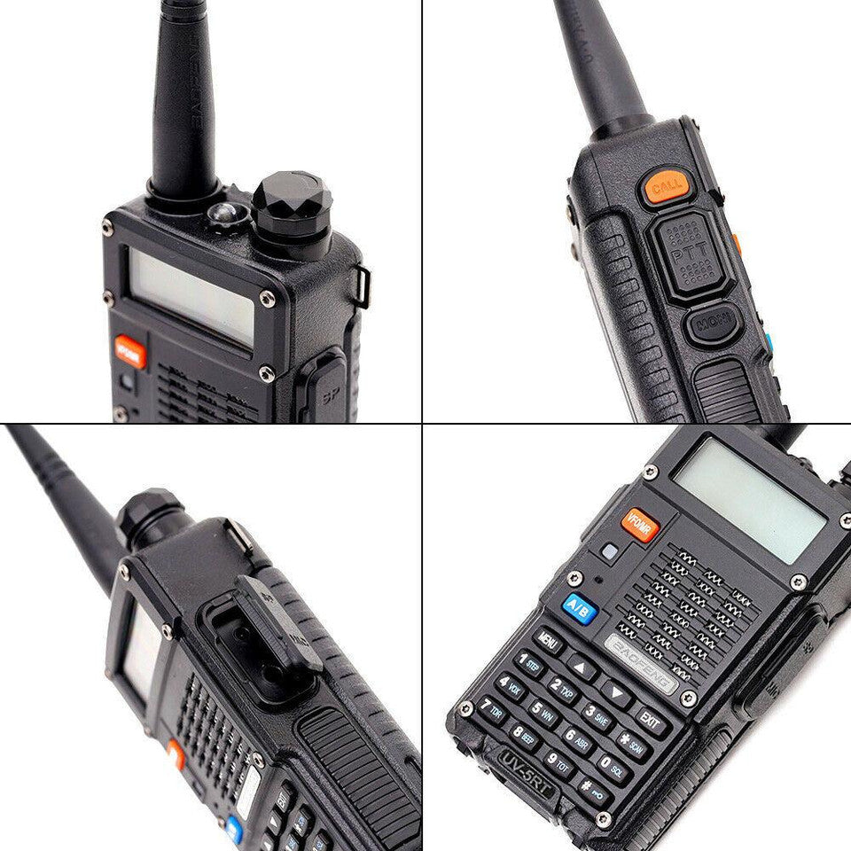 Nahaufnahme des Displays des Baofeng UV-5RT 8W, das die VHF/UHF-Frequenzen und Kanalnummern anzeigt.