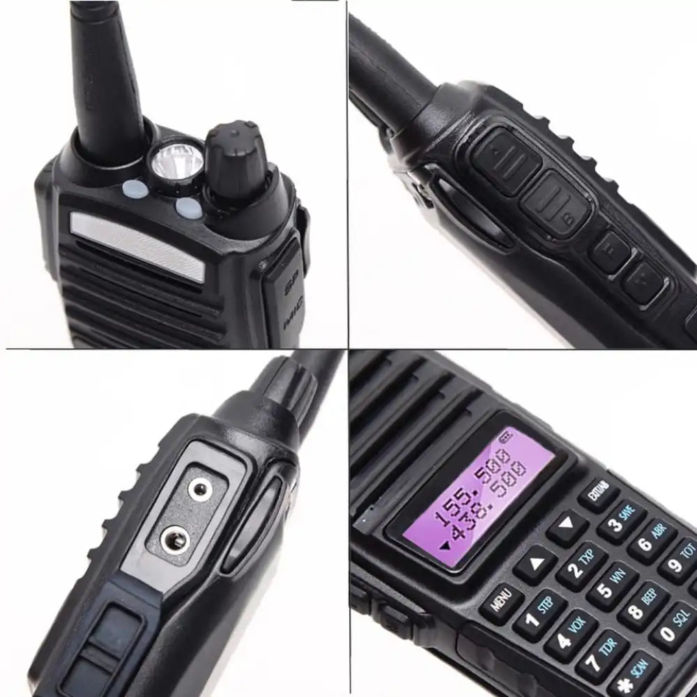 Ein vierteiliges Bild mit Detailansichten des Baofeng UV-82 5W-Radios, einschließlich der Oberseite mit der Taschenlampe, der Seite mit den beiden PTT-Tasten, der Zubehörbuchse und einer Nahaufnahme des Zweikanal-LCD-Displays.