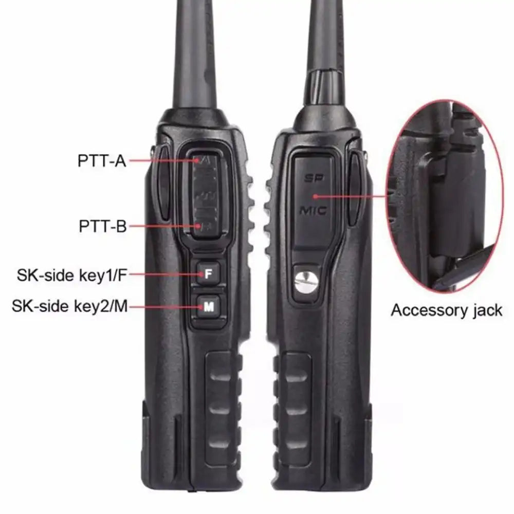 Seitenansicht des Baofeng UV-82 5W-Walkie-Talkies mit hervorgehobenen PTT-A- und PTT-B-Tasten, programmierbaren Seitentasten und der Zubehörbuchse.