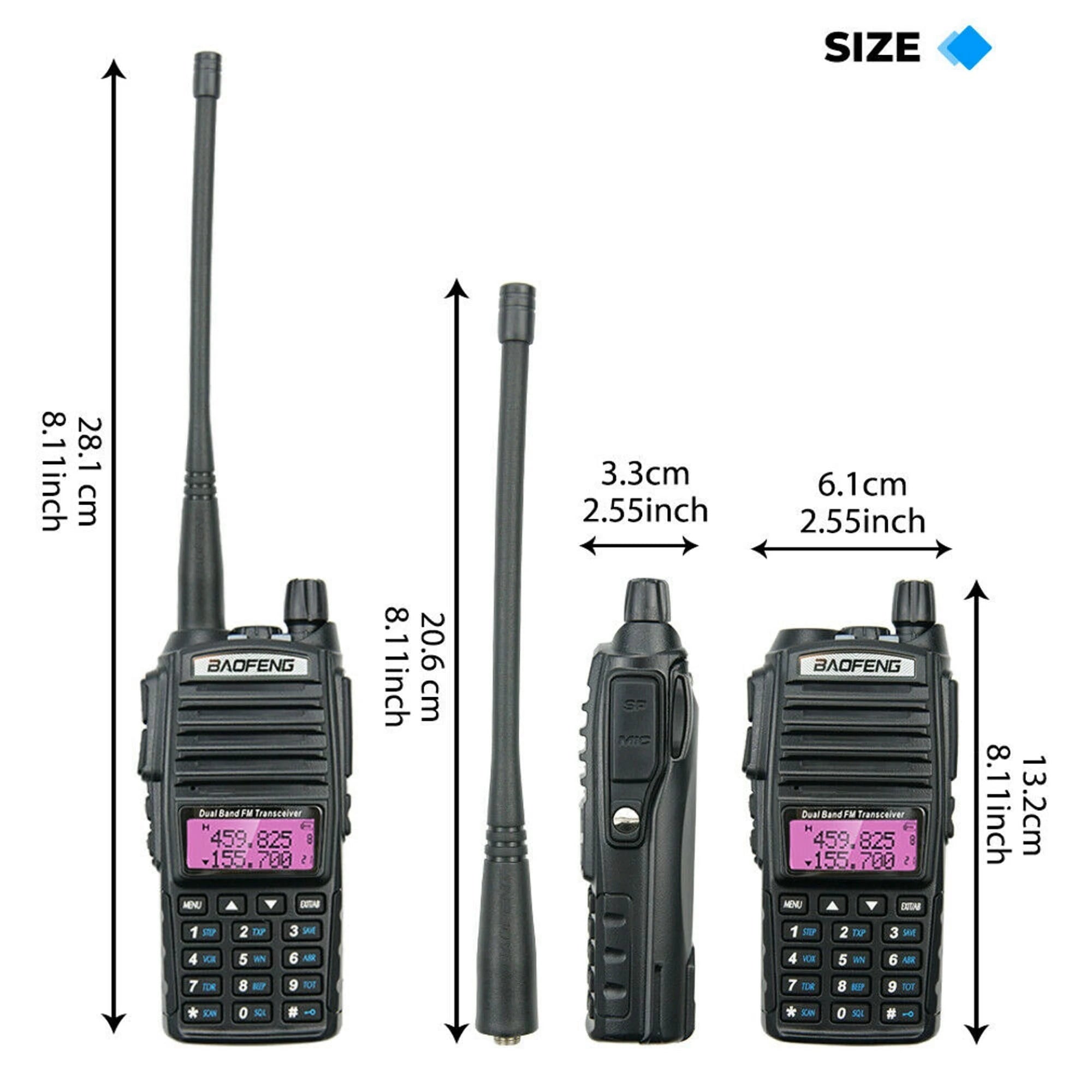 Eine Illustration, die die Maße des Baofeng UV-82 8W Funkgeräts zeigt, einschließlich Höhe, Breite und Tiefe.