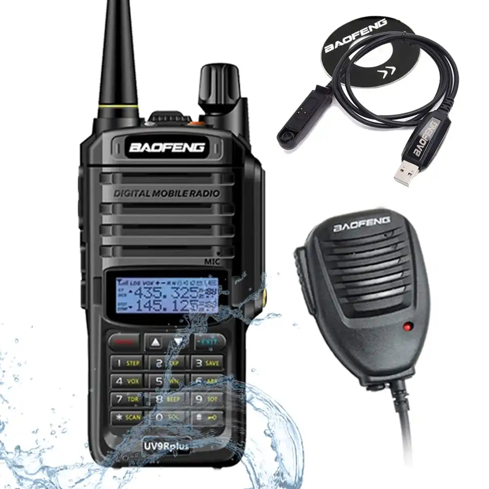 Baofeng UV-9R Plus 8W Funkgerät, wasserdicht, mit externem Lautsprechermikrofon und USB-Programmierkabel für optimale Anpassung und einfache Bedienung.