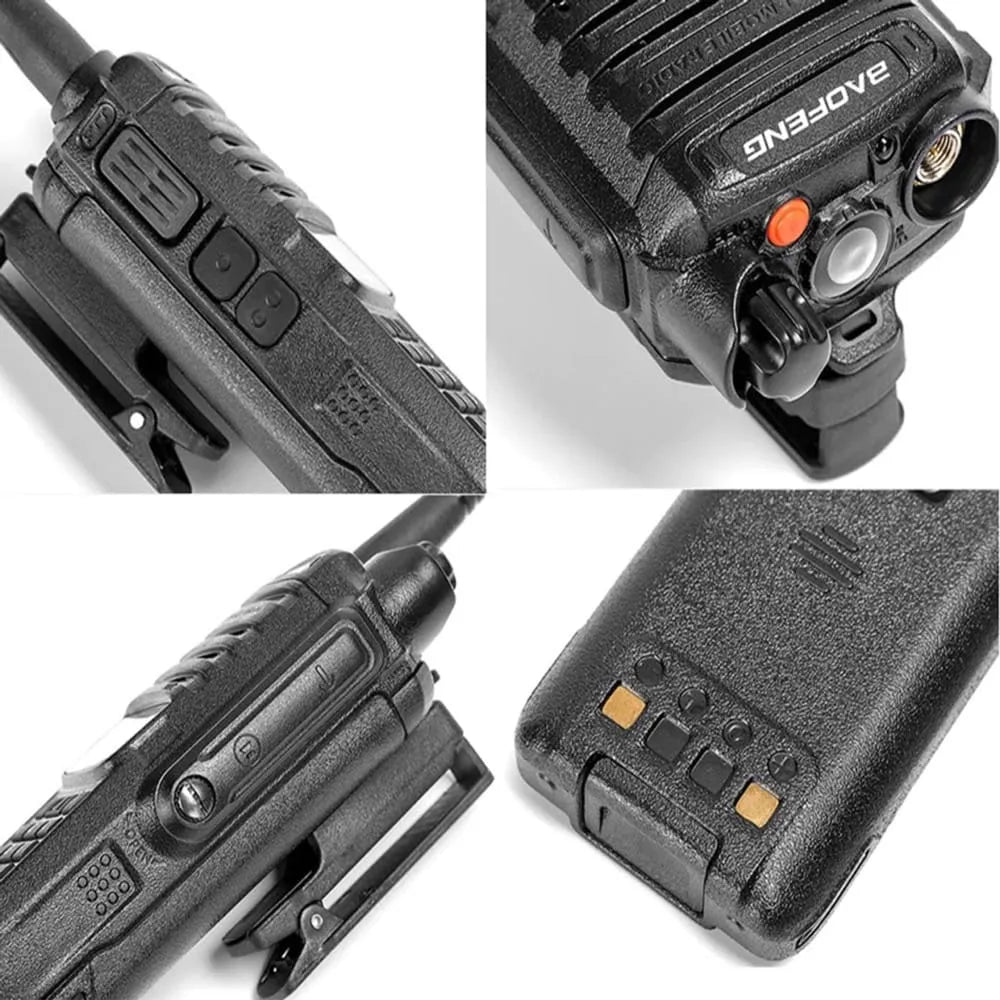Detailansichten des Baofeng UV-9R Plus, die seitliche Tasten, den Antennenanschluss, den Gürtelclip und die Ladekontakte an der Unterseite des Geräts zeigen.
