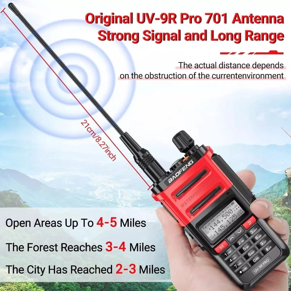 Baofeng UV-9R Pro Funkgerät in Rot mit 21 cm 701 Antenne für starke Signale und lange Reichweite (4-5 Meilen in offenen Gebieten, 3-4 Meilen im Wald, 2-3 Meilen in der Stadt).
