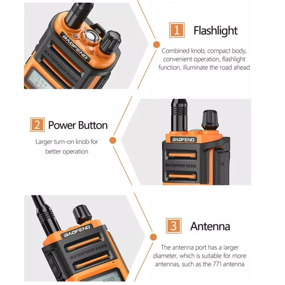 Baofeng UV-9R Pro Funkgerät in Orange, zeigt die integrierte Taschenlampe, den größeren Ein-/Ausschaltknopf und den breiteren Antennenanschluss für verbesserte Kompatibilität.