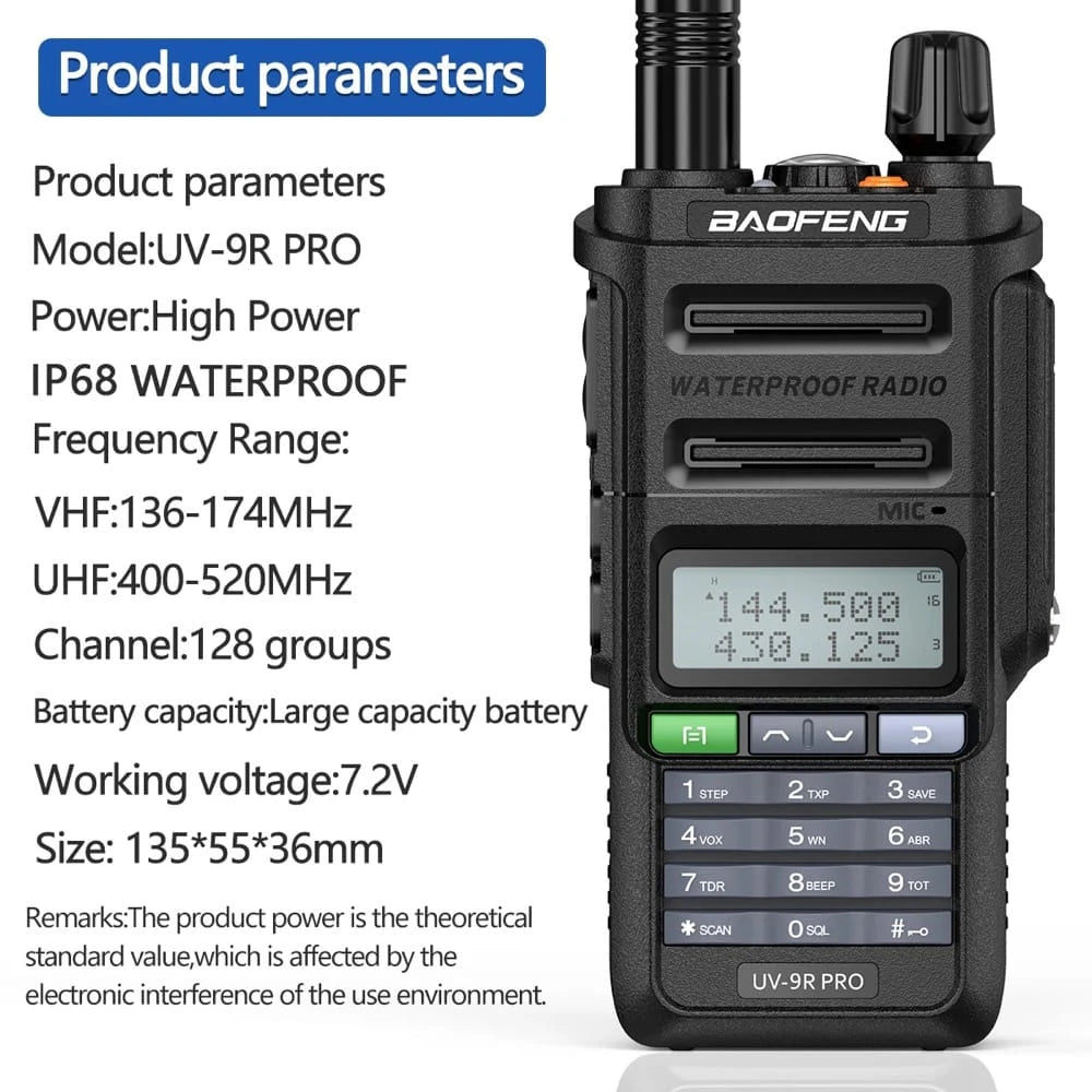 Baofeng UV-9R Pro Funkgerät Produktparameter: UV-9R PRO Modell, hohe Leistung, IP68 wasserdicht, VHF/UHF Frequenzbereich, 128 Kanäle.