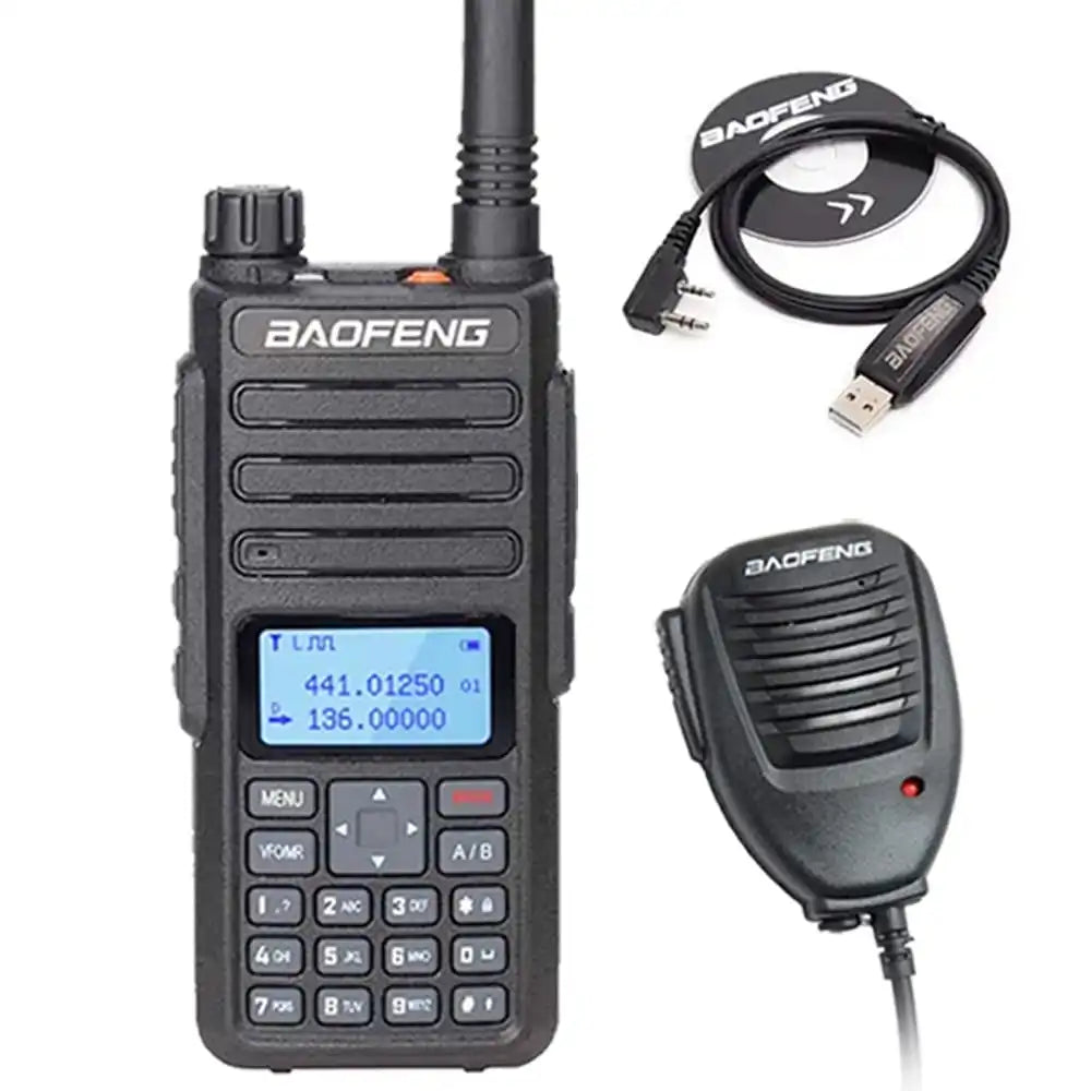 Baofeng BF-H6 10W Dualband-Funkgerät mit hoher Leistung, komplett mit Programmierkabel und Lautsprechermikrofon für vielseitige Kommunikation.