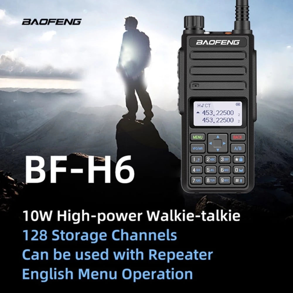 Robustes Baofeng BF-H6 Zwei-Wege-Funkgerät mit 10W Leistung und klarer LCD-Anzeige, perfekt für Outdoor-Einsätze.