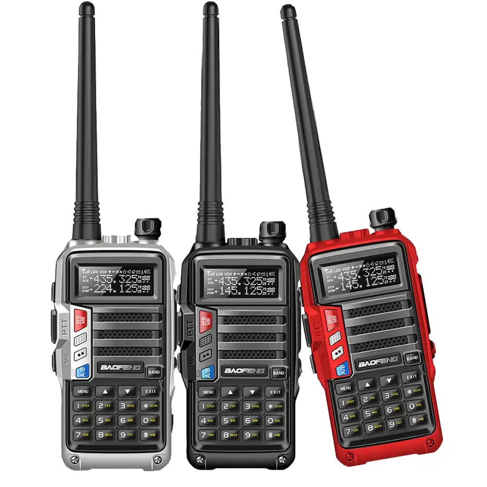 Baofeng UV-9R Pro Funkgerät zeigt die integrierte Taschenlampe, den größeren Ein-/Ausschaltknopf und den breiteren Antennenanschluss für verbesserte Kompatibilität.