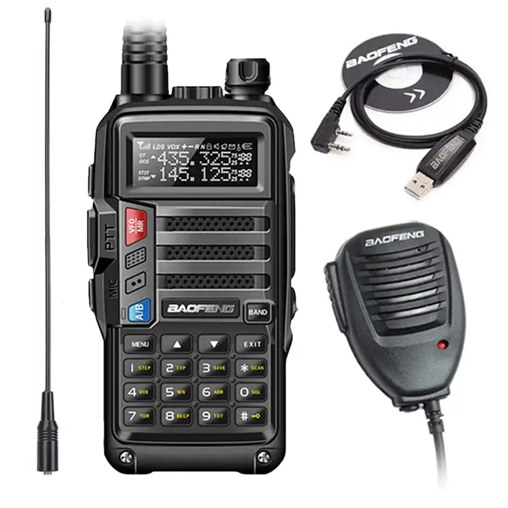 Baofeng UV-S9 Tri-Band 8W Funkgerät schwarz, inklusive Programmierkabel, Lautsprechermikrofon und NA-771 Antenne.