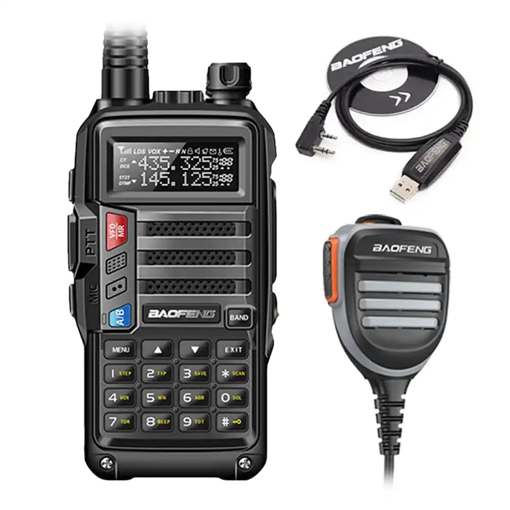 Baofeng UV-S9 Tri-Band 8W Funkgerät schwarz mit Programmierkabel und wasserdichtem Lautsprechermikrofon für klare Kommunikation.