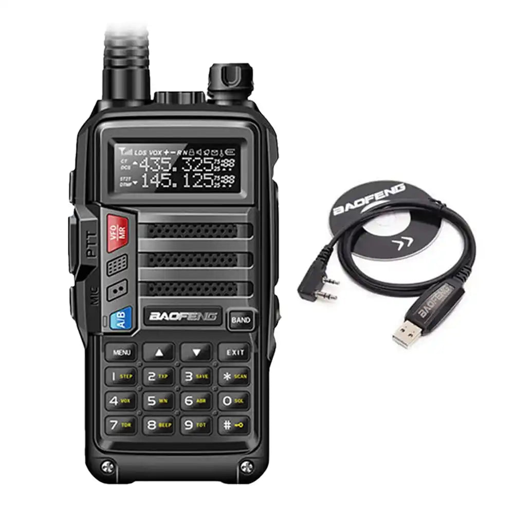 Baofeng UV-S9 Tri-Band 8W Walkie-Talkie in Schwarz mit USB-Programmierkabel für einfache Konfiguration.