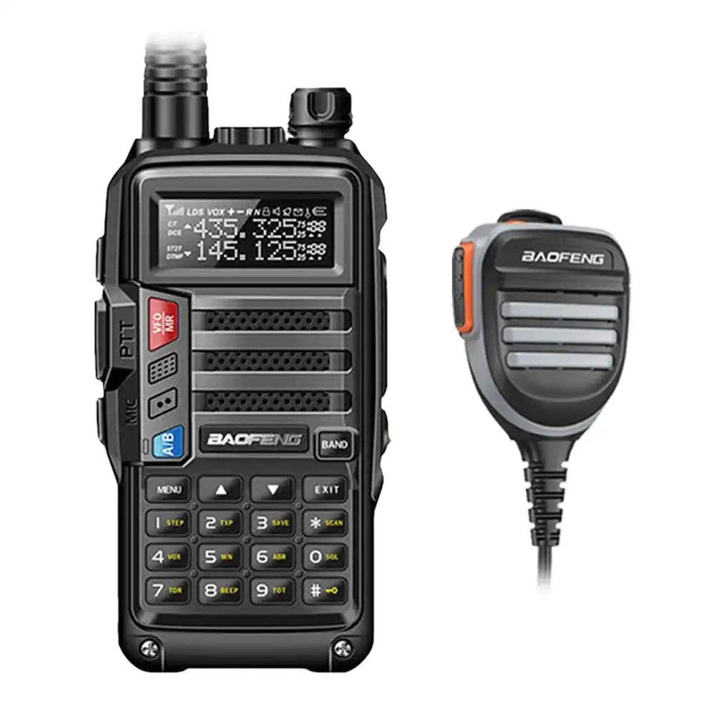 Baofeng UV-S9 Tri-Band 8W Funkgerät schwarz mit robustem, wasserdichtem Lautsprechermikrofon.