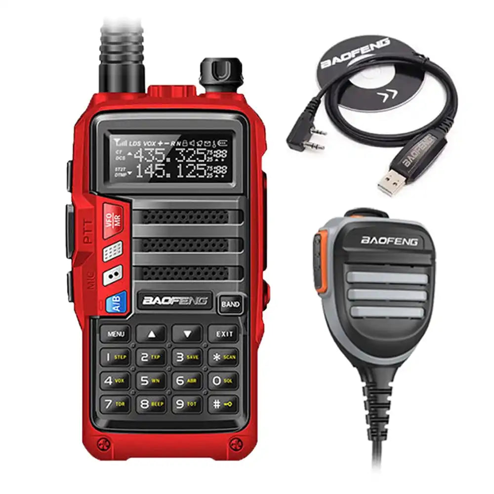 Baofeng UV-S9 Tri-Band 8W Funkgerät Rot mit Programmierkabel und wasserdichtem Lautsprechermikrofon für klare Kommunikation.