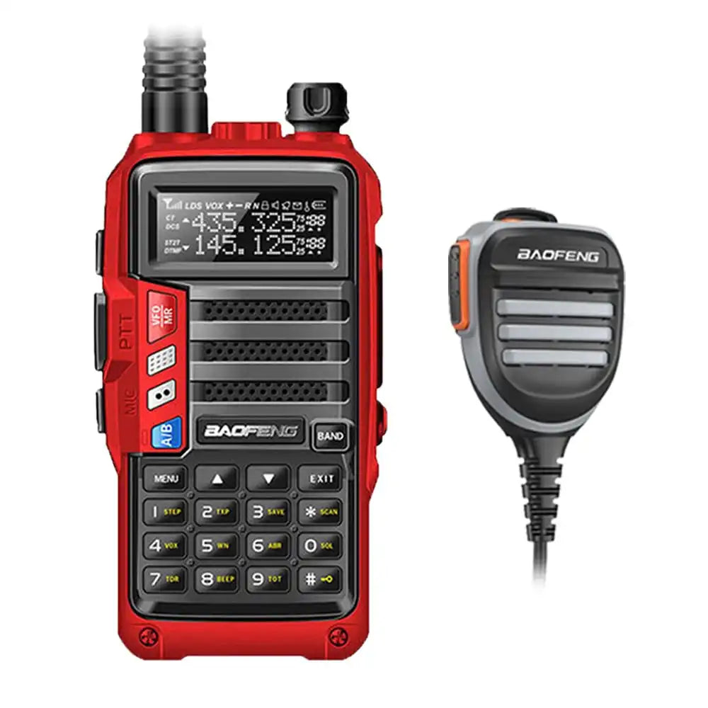 Baofeng UV-S9 Tri-Band 8W Funkgerät rot mit robustem, wasserdichtem Lautsprechermikrofon.