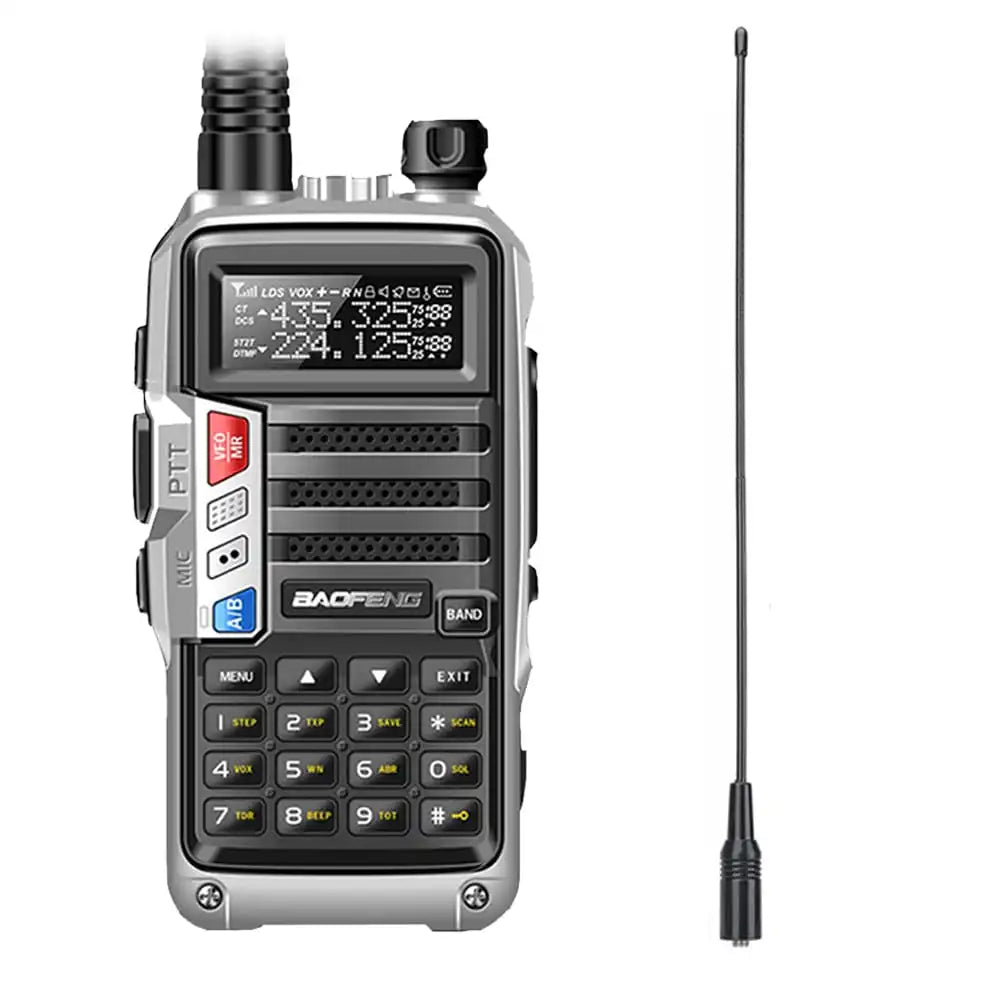 Baofeng UV-S9 Tri-Band 8W Walkie-Talkie in Silber mit hochleistungsfähiger NA-771 Antenne für optimale Signalstärke.