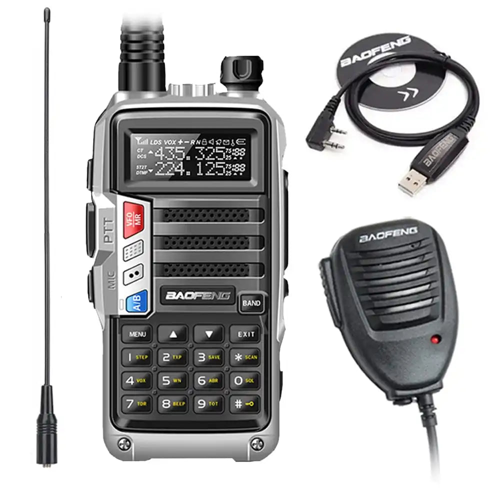 Baofeng UV-S9 Tri-Band 8W Funkgerät Silber, inklusive Programmierkabel, Lautsprechermikrofon und NA-771 Antenne.
