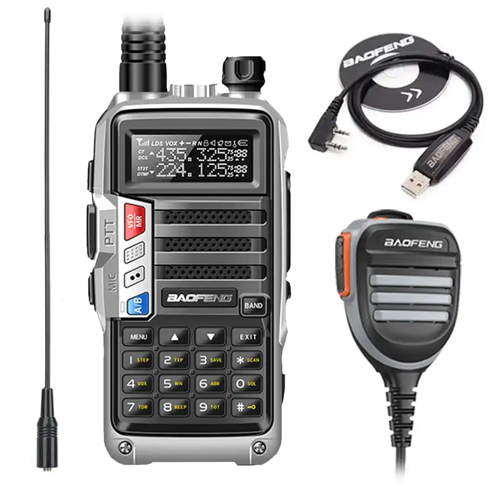 Baofeng UV-S9 Tri-Band 8W Funkgerät Silber, komplettset mit Programmierkabel, wasserdichtem Lautsprechermikrofon und NA-771 Antenne.