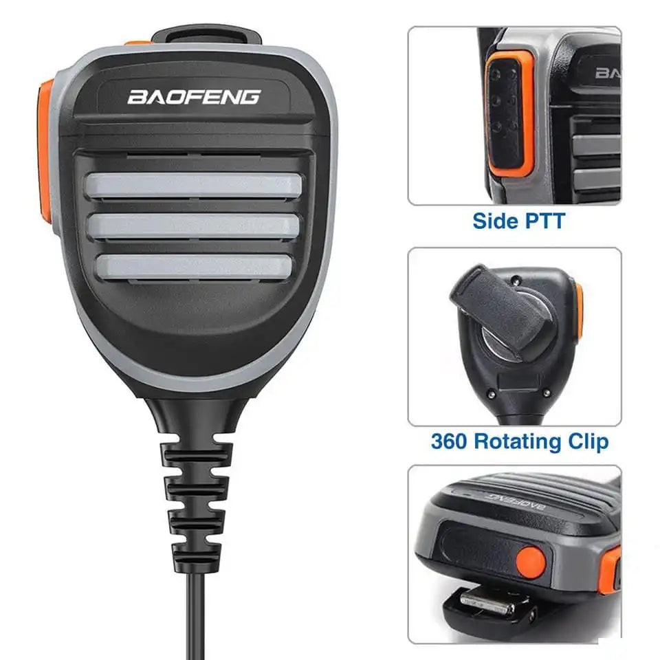 Nahaufnahme des robusten PTT-Knopfes (Push-to-Talk) am Baofeng Speaker Mic