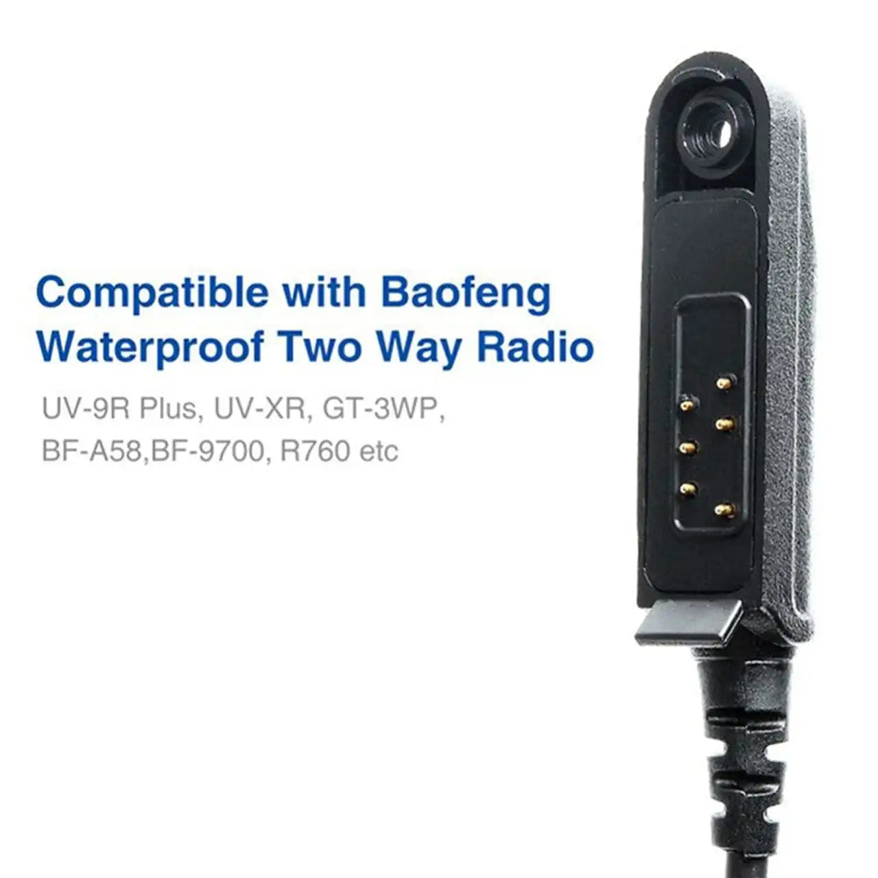 Nahaufnahme des wasserdichten Baofeng-Lautsprechermikrofons, das den 5-poligen Anschluss für Baofeng UV-9R Plus, UV-98 pro, UV-9R Pro und andere kompatible Funkgeräte zeigt.