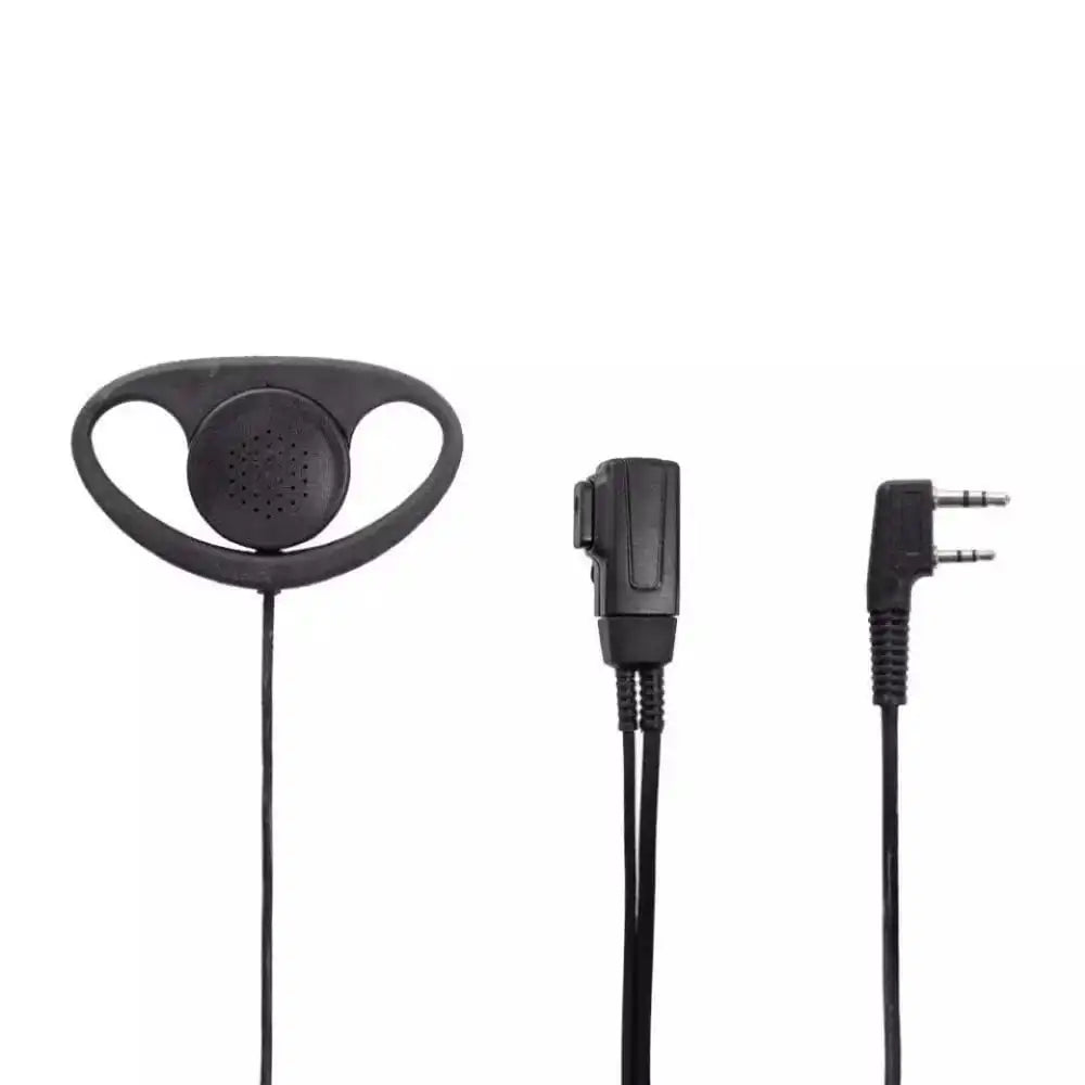 Nahaufnahme der einzelnen Komponenten: D-Form Ohrhörer, PTT-Taste und der 2-Pin Stecker für Funkgeräte