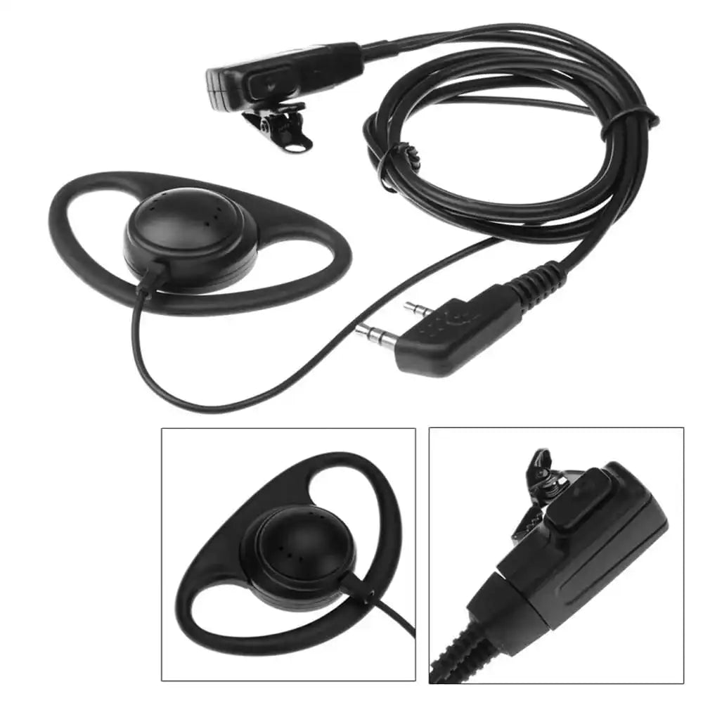 Ansicht des kompletten 2-Pin Walkie-Talkie Headsets im D-Design mit Nahaufnahmen der PTT-Taste und des Ohrhörers